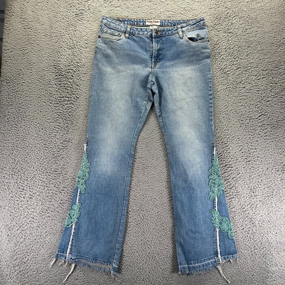 VTG Bisou Bisou Jeans Women's 14 Blue Denim Bootcut Flroal Embroidered Stretch